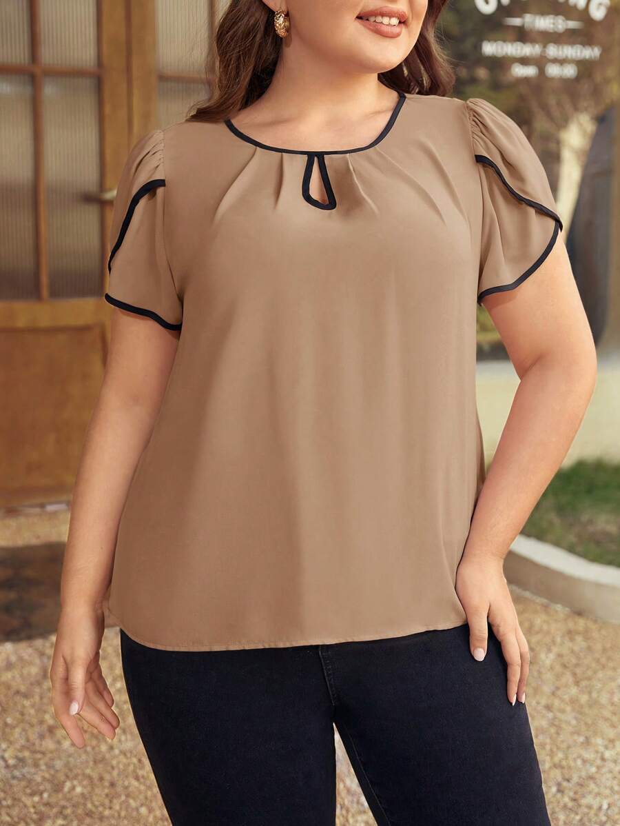 SHEIN Clasi Hơn Tương phản ràng buộc Đường viền lỗ khóa Tay áo cánh hoa Áo sơ mi - Lạc đà - Xem 1