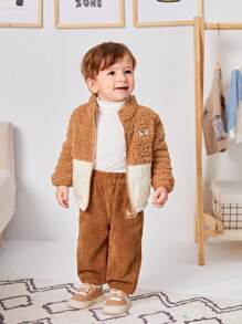 SHEIN 加厚立領寶寶男童外套褲套裝,冬季穿搭 - 卡其色 - 查看 5