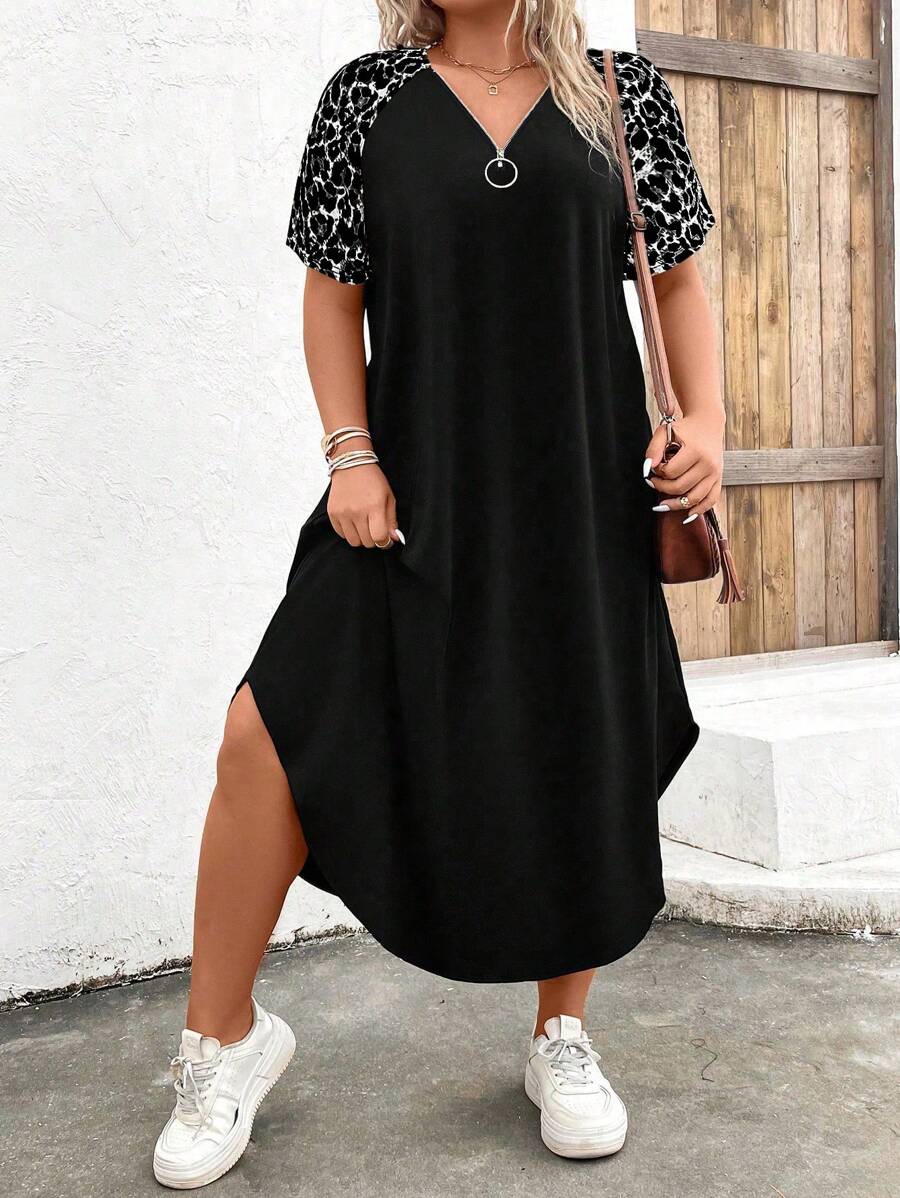 Linhara Plus Leopard Print Raglan Sleeve Curved Hem Tee Dress - Black - View 1