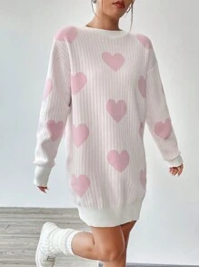 SHEIN Unity Heart Pattern Drop Shoulder Sweater Dress Fall Winter Cloth For Women - Baby Pink - View 5