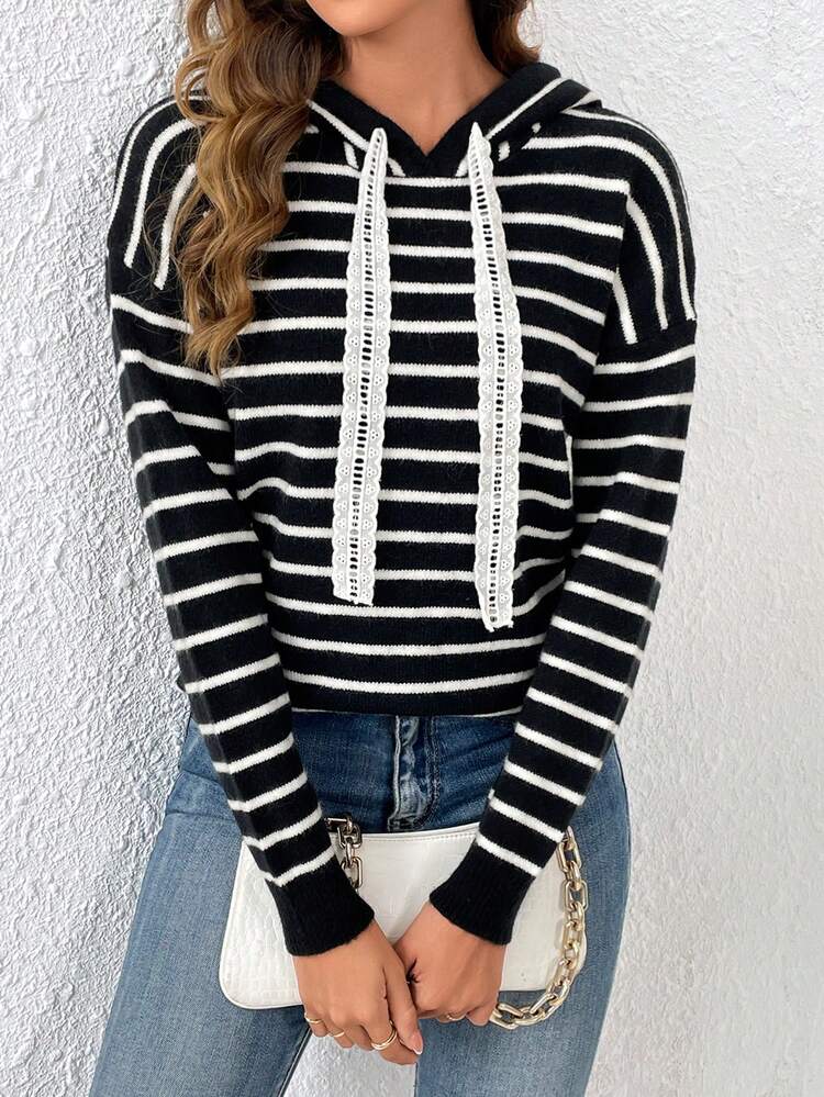 Striped Pattern Drop Shoulder Drawstring Hooded Knit Pullover Fall Winter Sweater