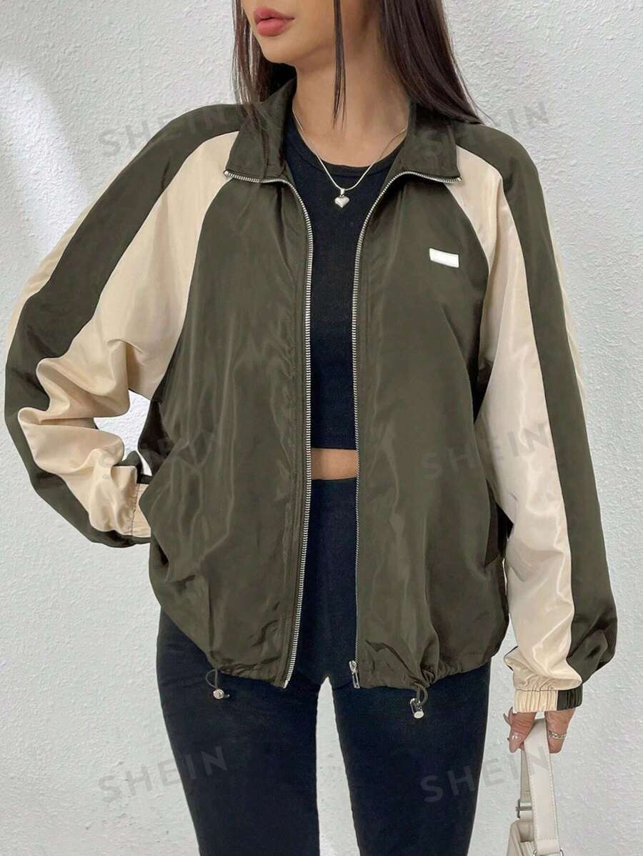 SHEIN EZwear Jachetă cu fermoar și mâneci raglan în blocuri de culoare, toamnă/iarnă - Verde Armată - Vizualizare 1