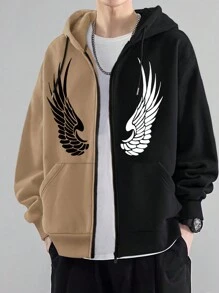 ROMWE MEN Sudadera Con Capucha Térmica Forrada Con Cordón De Dos Tonos Con Diseño De Alas Para Hombres - Multicolor - Ver 1