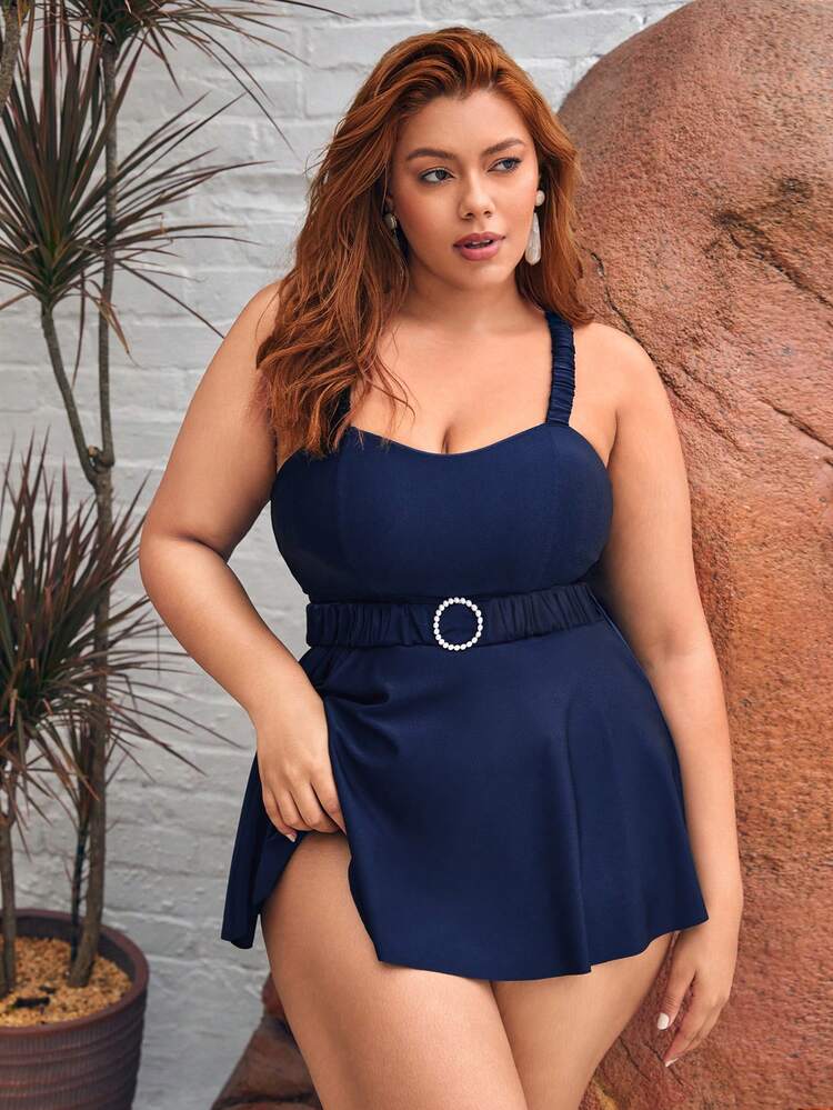 Women'S Plus Size Solid Color High Waisted Bikini Set With Belted Vest Cropped Top Summer
