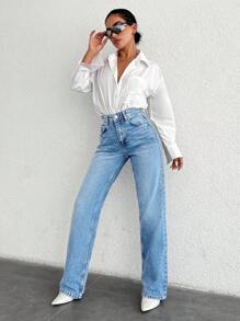 EURMUSE 100%Cotton Casual High Waist Straight Leg Jeans - Light Wash - View 3