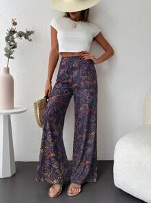 SHEIN Cottnline Paisley Print Wide Leg Pants - Blue - View 3
