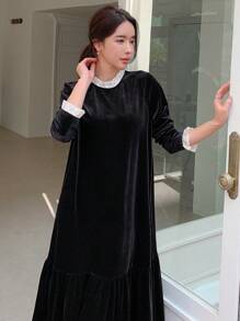 DAZY Của phụ nữ Vá lại Vòng cổ Ruffled Hem Lỏng lẻo Đầm - màu đen - Xem 6