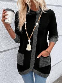 SHEIN LUNE Khối màu Cổ bò Vá Túi Viền không đối xứng Áo len - màu đen - Xem 5