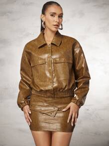 SHEIN BAE Vintage Brown Distressed Texture Women'S Leather Jacket, Moto Style, Biker Core - Brown - View 6
