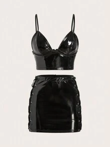 SHEIN ICON 性感 派對露背 珠子 拉鍊純色女士兩件套