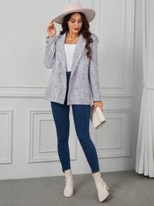 SHEIN Clasi Plaid Pattern Double Breasted Tweed Blazer