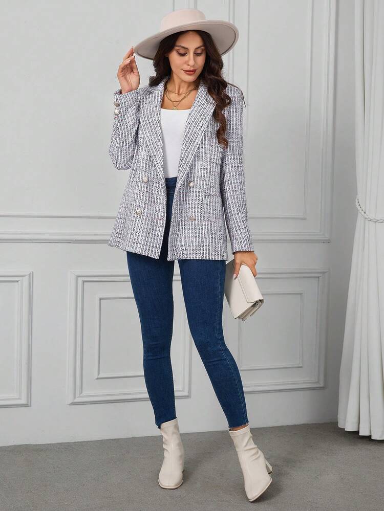 Plaid Pattern Double Breasted Tweed Blazer