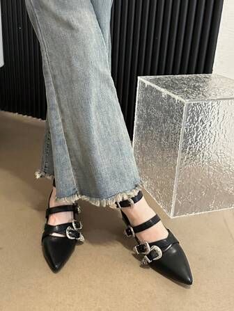 2024春夏秋季法式哥特风女式高跟鞋交叉搭扣玛丽珍朋克风厚底尖头鞋，优雅芭蕾舞鞋，派对鞋