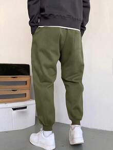 Manfinity Homme 男士貼布細節腰部抽繩衛褲 - 墨綠色 - 查看 2