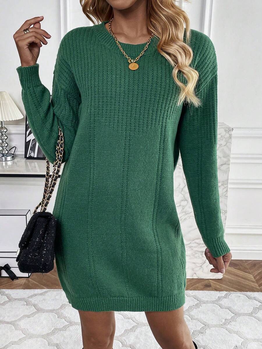 SHEIN LUNE Chất rắn Thả vai Đầm Áo len Không có thắt lưng - màu xanh lá - Xem 1