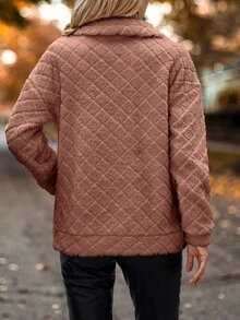 SHEIN LUNE 半拉鏈袋鼠口袋落肩袖搖粒絨運動衫 - 藕粉色 - 查看 2