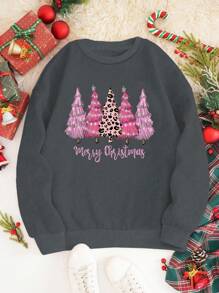 SHEIN LUNE Cây thông noel & Đồ họa Khẩu hiệu Áo pull ấm áp - Màu xám đen - Xem 1
