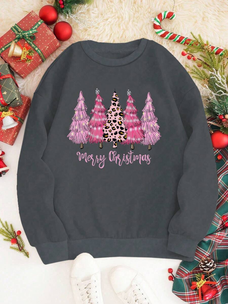 SHEIN LUNE Cây thông noel & Đồ họa Khẩu hiệu Áo pull ấm áp - Màu xám đen - Xem 1