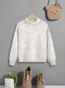 SHEIN Tween Girl Marled Knit Mock Neck Drop Shoulder Sweater - White - View 1