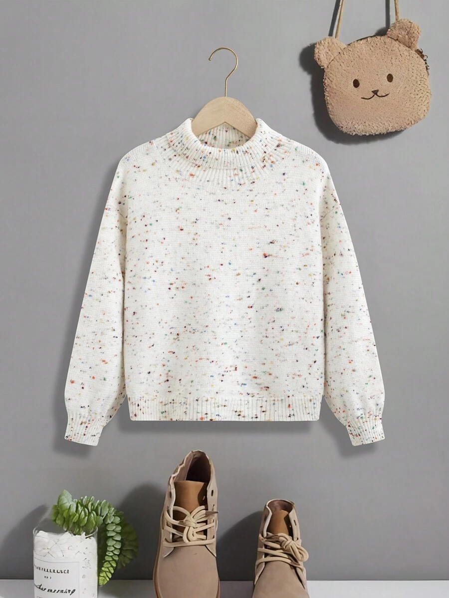 SHEIN Tween Girl Marled Knit Mock Neck Drop Shoulder Sweater - White - View 1