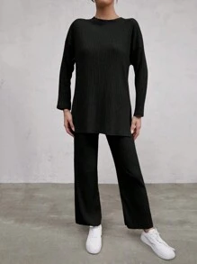 Cloudara Mock Neck Drop Shoulder Tee And Trousers - Black - View 6