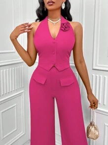 SHEIN Slayr Appliques Detail Backless Halter Neck Waistcoat - Hot Pink - View 1