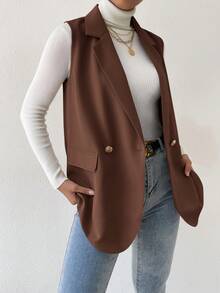 EURMUSE Của phụ nữ Không tay Áo khoác vest Với Cổ bẻ , Phong cách Công sở - màu nâu - Xem 6
