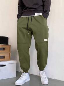 Manfinity Homme 男士貼布細節腰部抽繩衛褲 - 墨綠色 - 查看 3