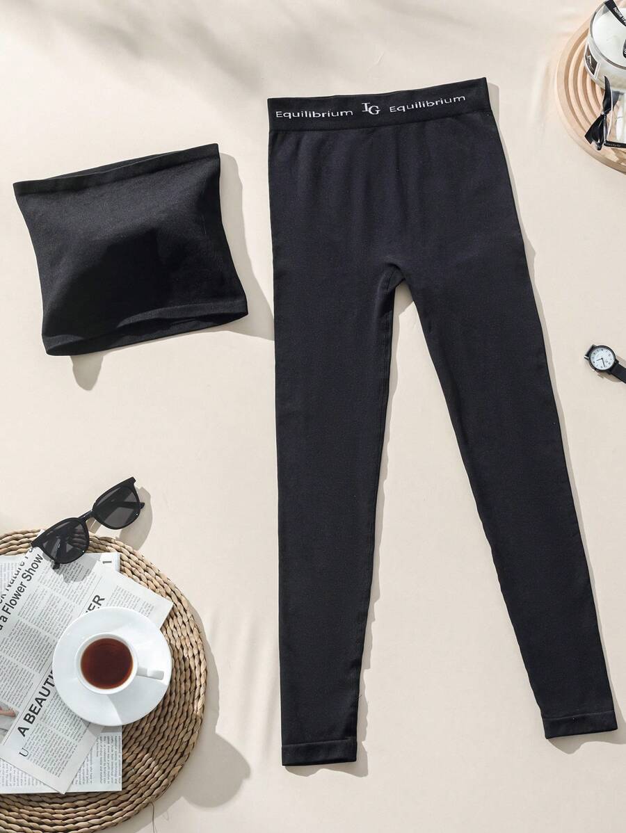 SHEIN Letter Graphic Bandeau Shapewear Set - Black - View 1