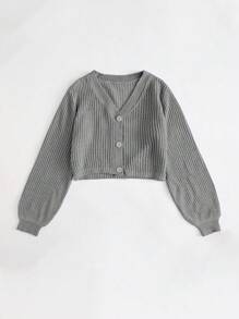 Solid Button Front V Neck Lantern Sleeve Cardigan - Light Grey - View 4