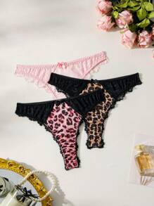 SHEIN 3pack Leopard Print Lace Trim Thong Lingerie - Multicolor - View 1