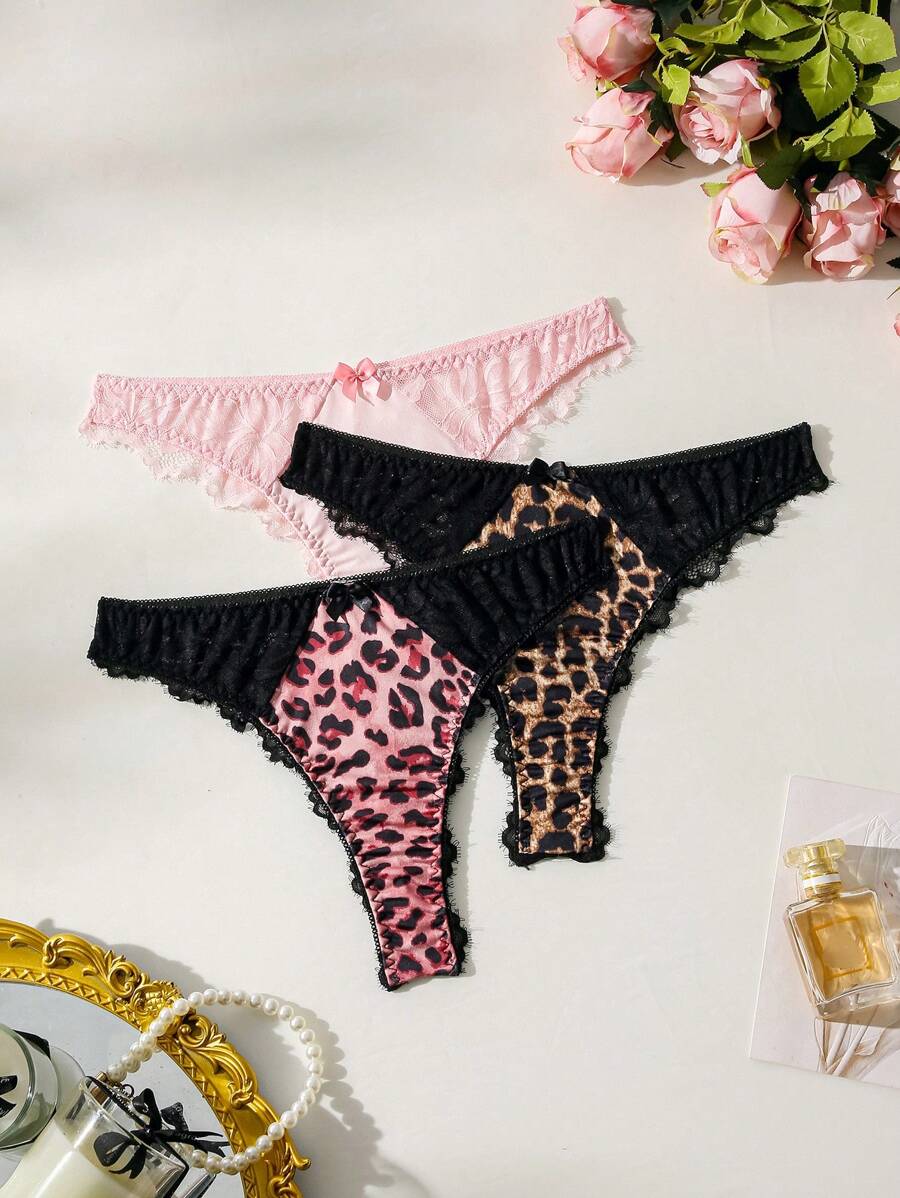 SHEIN 3pack Leopard Print Lace Trim Thong Lingerie - Multicolor - View 1