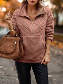 SHEIN LUNE 半拉鏈袋鼠口袋落肩袖搖粒絨運動衫 - 藕粉色 - 查看 6