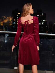 Aveloria Square Neck Button Detail Lantern Sleeve Velvet Dress Fall Cloth For Women - Red - View 2