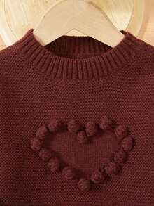 SHEIN 幼兒女童休閒愛心和毛球裝飾立體針織毛衣 - 咖啡棕 - 查看 3