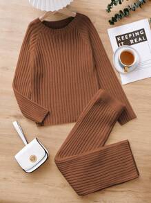 SHEIN Cô gái Tween Chất rắn Tay Raglan Đồ đan Ribbed Áo len & Quần dệt kim - màu nâu - Xem 1