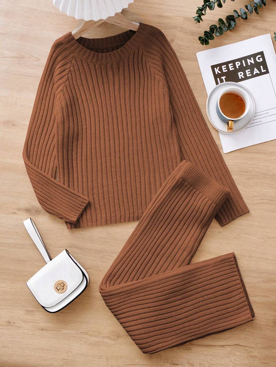 SHEIN Cô gái Tween Chất rắn Tay Raglan Đồ đan Ribbed Áo len & Quần dệt kim - màu nâu - Xem 1