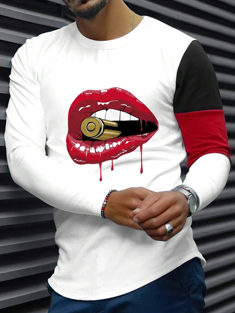 Manfinity LEGND 男士嘴唇印花撞色T恤 - 白色 - 查看 1