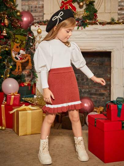 SHEIN Chica Joven Falda de punto de talle alto bajo con fruncido