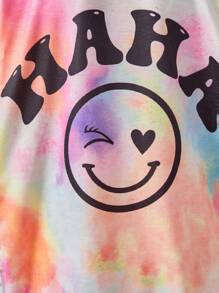 Tween 女孩寬鬆復古紮染表情符號和字母印花 T 恤和喇叭褲兩件套 - 彩色 - 查看 5