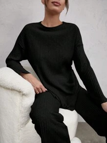 Cloudara Mock Neck Drop Shoulder Tee And Trousers - Black - View 5