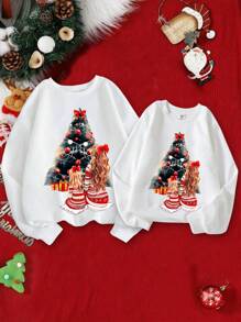 SHEIN Áo nỉ cổ tròn in hình cây thông Noel cho bé gái tuổi teen mùa xuân và mùa thu - trắng - Xem 3
