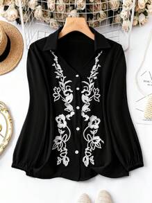 SHEIN LUNE Plus Floral Embroidery Lantern Sleeve Shirt - Black - View 1