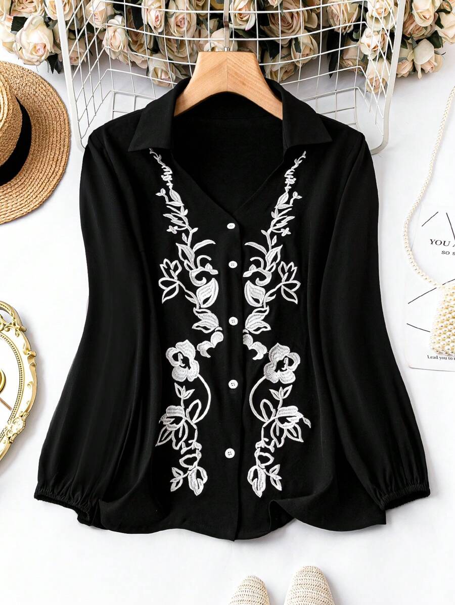 SHEIN LUNE Plus Floral Embroidery Lantern Sleeve Shirt - Black - View 1