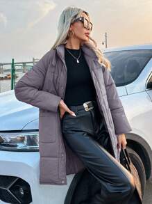 SHEIN LUNE Áo khoác dài tay đơn hàng khuy đơn giản có đệm cho nữ, màu trơn, quần áo mùa đông - Bụi tím - Xem 1