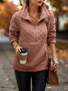 SHEIN LUNE 半拉鏈袋鼠口袋落肩袖搖粒絨運動衫 - 藕粉色 - 查看 1