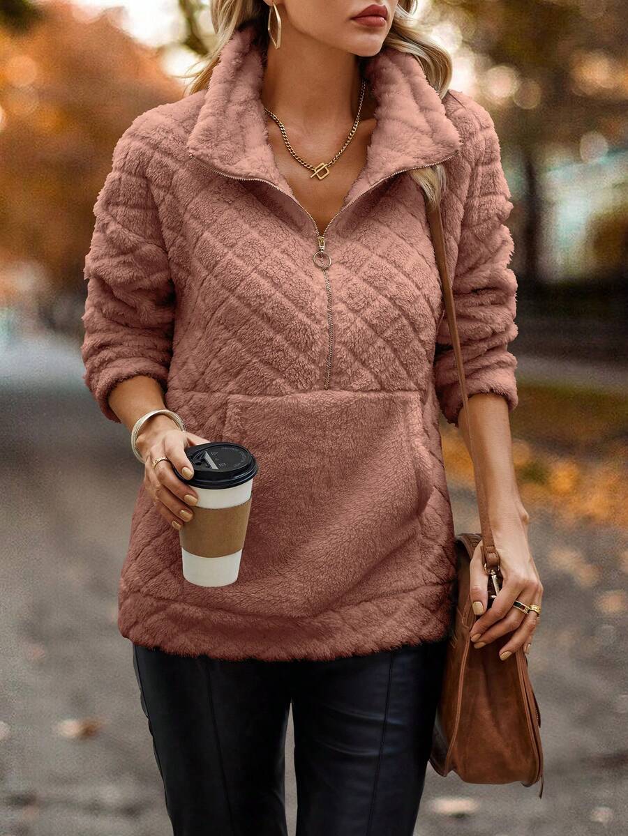 SHEIN LUNE 半拉鏈袋鼠口袋落肩袖搖粒絨運動衫 - 藕粉色 - 查看 1