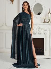 SHEIN Belle 單肩分裂大腿閃爍正式洋裝 - 藍色 - 查看 1