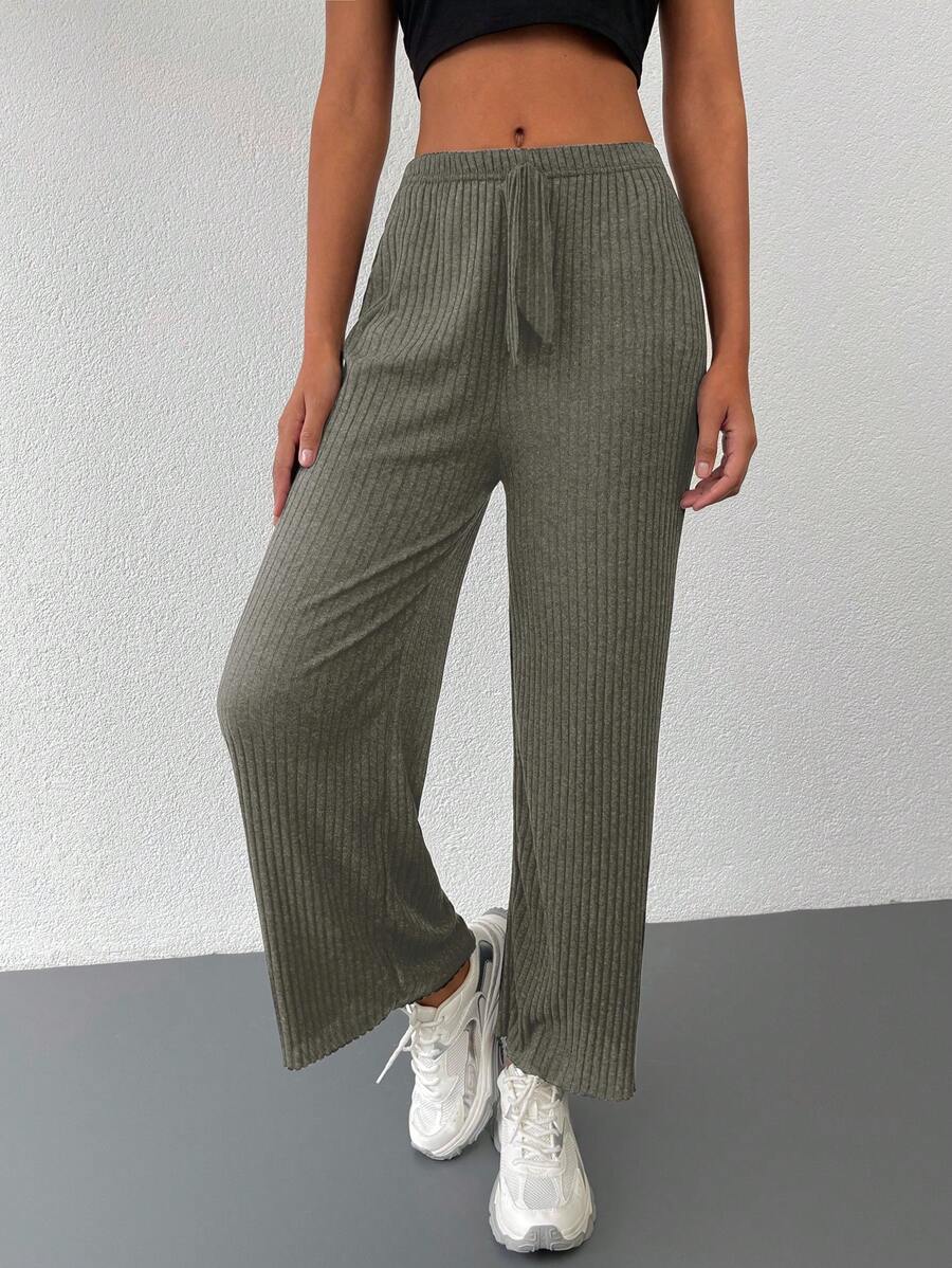Cottnline 素色腰部抽繩條紋針織闊腿褲 - 橄欖綠 - 查看 1