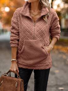 SHEIN LUNE 半拉鏈袋鼠口袋落肩袖搖粒絨運動衫 - 藕粉色 - 查看 4